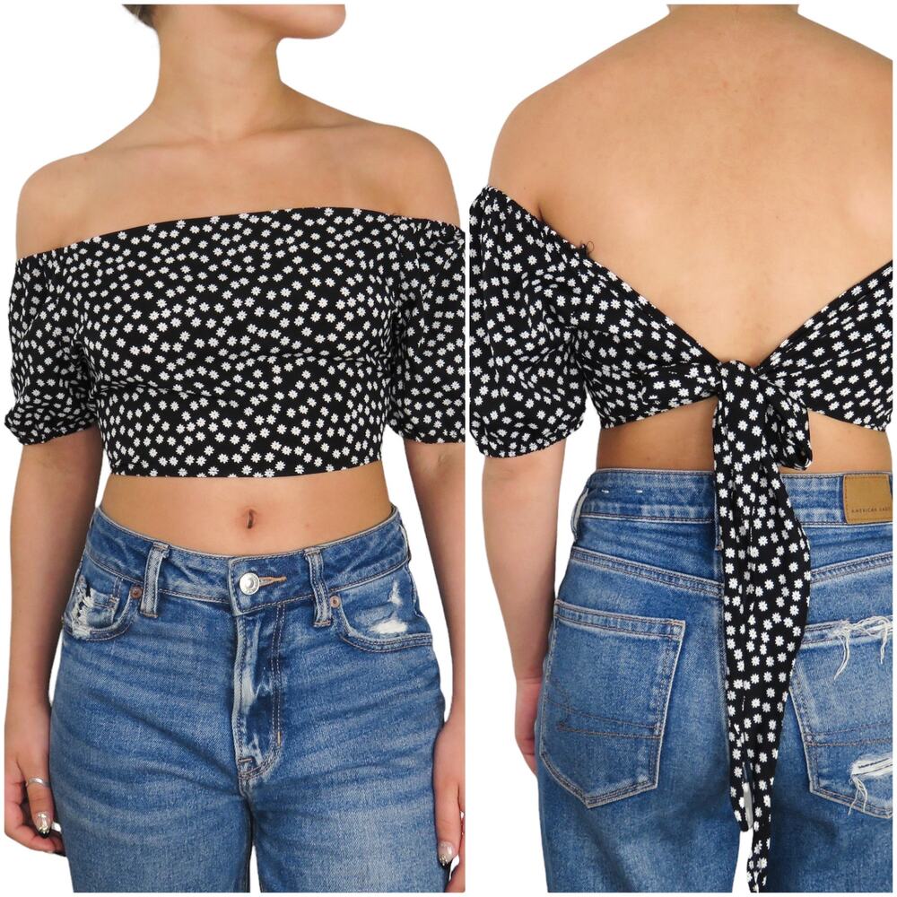 Shein Black Floral Off Shoulder Tie Back Blouse Small